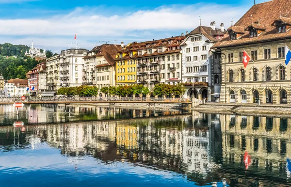 Colorful Buildings Restaurants Shops Bridges Tourists Inner Harbor Reuss River Reflection Lucerne Switzerland