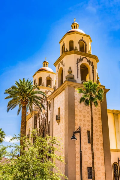 Facade Spires Steeples Katedral Santo Agustinus Basilika Gereja Katolik Tucson — Stok Foto