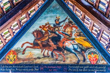 Boyalı Panel Spreuer Tahta Kapalı Footbridge Kapellbrucke Reuss Nehri Lucerne İsviçre üzerinde. 1408 Paneller Meplinger tarafından 1600 'ler çizildi Ölüm Dansı her yerde