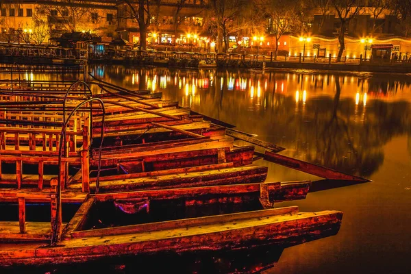 Barche Legno Houhai Lake Notte Illuminata Pechino Cina Usato Essere — Foto Stock