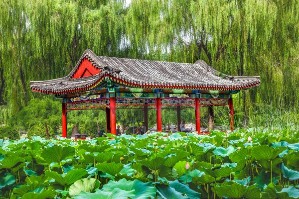 赤パビリオン蓮の庭寺サン リタンシティ公園 北京中国柳緑の木 — ストック写真