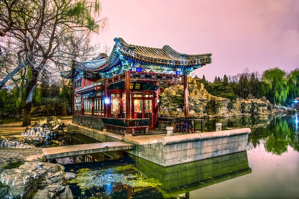 Colorful Stone Boat Bar Pond Night Illuminated Temple Sun Beijing — Stock Photo, Image