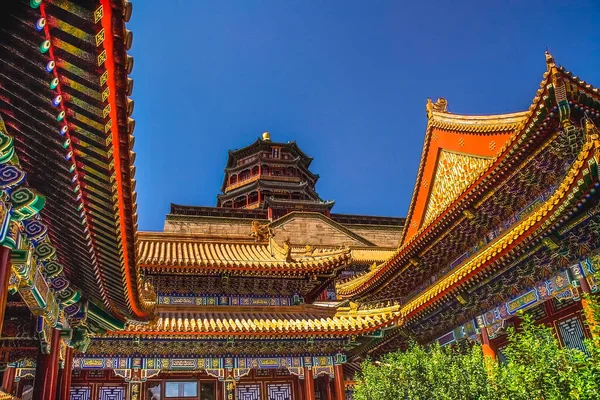 Barevné Zdobené Pavilony Longevity Hill Buddha Tower Summer Palace Beijing — Stock fotografie