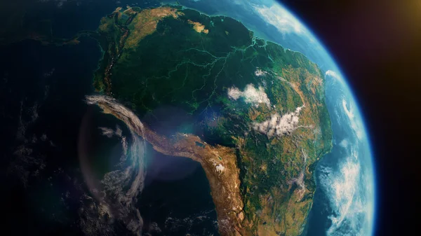 Тропічний ліс Амазонки в Південній Америці з космосу, реалістичне обертання Землі. Стокове Фото