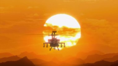 Helikopter Apaçi-64 gün batımında dağların üzerinden uçuyor, sıcak hava, ısı bozulması