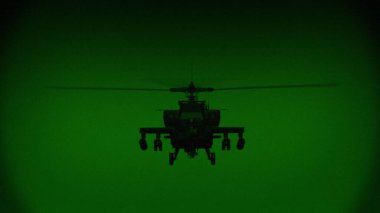 Apache AH-64 helikopter gece uçuyor, gece görüşü kızılötesi.