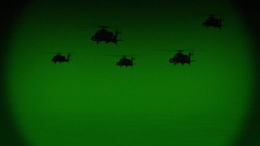 Apaçi AH-64 helikopterleri gece uçar, gece görüş kızılötesi.