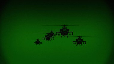 Apaçi AH-64 helikopterleri gece uçar, gece görüş kızılötesi.
