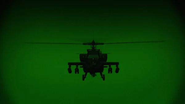 Apache AH-64 helikopter gece uçuyor, gece görüşü kızılötesi.