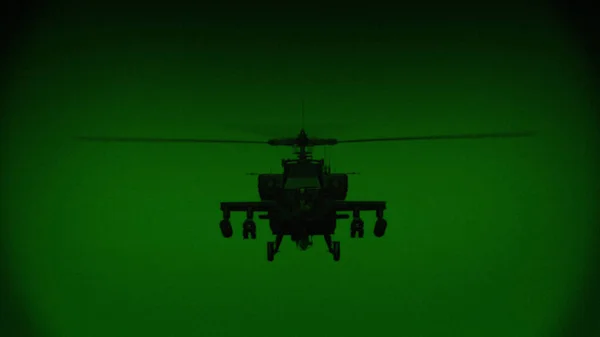 Apache AH-64 helicopter flies at night, night vision infrared Stok Gambar Bebas Royalti