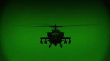 Apache AH-64 helikopter gece uçuyor, gece görüşü kızılötesi.
