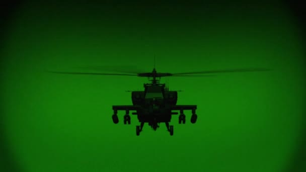 Apache AH-64 helicopter flies at night, night vision infrared — Stock Video