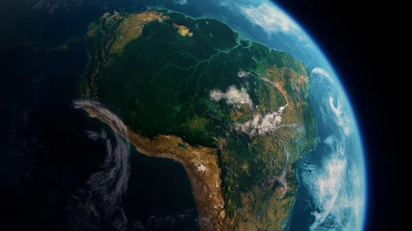 Hutan hujan Amazon di Amerika Selatan dari pandangan luar angkasa, rotasi planet Bumi yang realistis Stok Foto