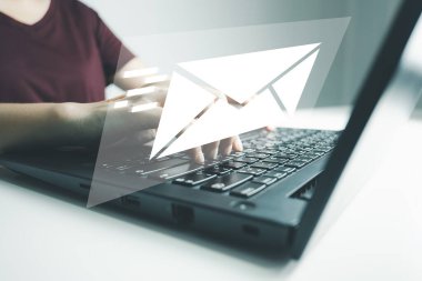 Concept of using digital media, technology, social media online surfing, woman's hand using laptop to use the internet, check email.