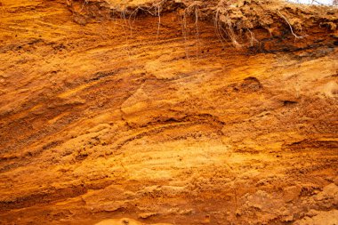 Doku kumu, kabartma yüzeyi, çok renkli katmanlar ve granül büyüklüğünde farklılık, açık hava kum kariyerinde, maden cevheri ve inşaat için kum çıkardıktan sonra. 