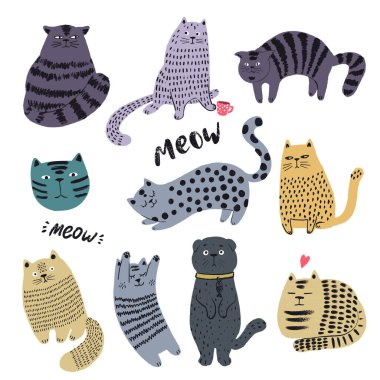 Şirin kediler el çizimi seti. Komik kedi yavrusu karakterleri çizim yapar. Düz hayvan vektörü.