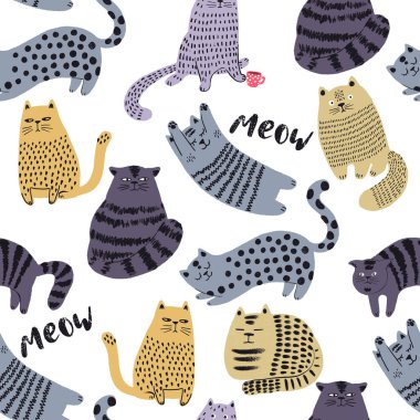Şirin kediler elleriyle kusursuz desen çizer. Sevimli evcil hayvan karakterleri. Duvar kağıdı ve kumaş tasarımı..
