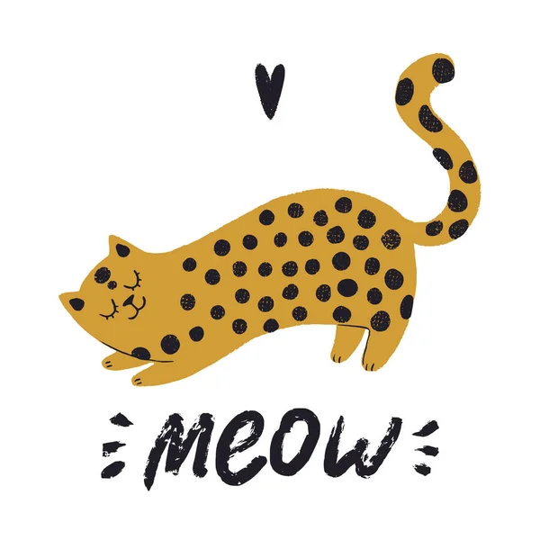 Sevimli, komik bir el çizimi kedi izi. Çocuk ve bebek moda tasarımı. Doodle kedi karakteri. Yumuşak bir hayvan.. — Stok Vektör