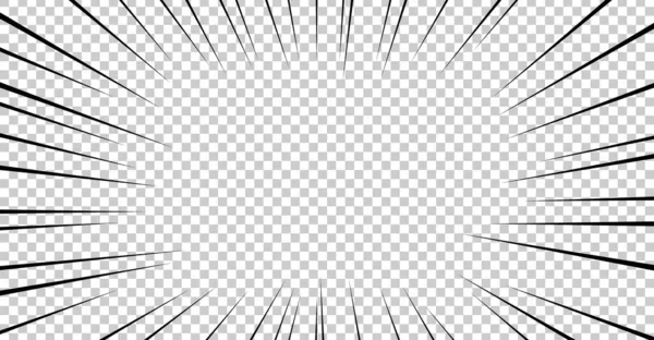 Efekt eksplozji komiksu na przezroczystym tle. Szybka makieta z czarnymi promieniami pop. Vintage anime książki prędkości linii ramki. — Wektor stockowy