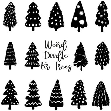 Karalama el çizimi köknar ağaçları. Basit Noel ağacı koleksiyonu.