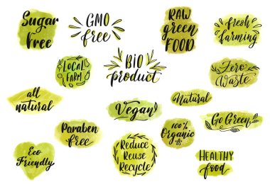 Vektör eko ve organik gıda restoranı rozeti veya işareti. Taze çiftlik ürünü menü şablonu. Yerel vejetaryen gıda pazarı için el yazısı..