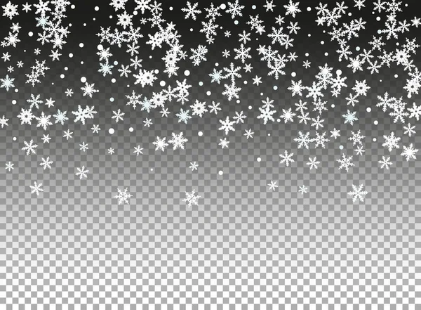 Snowfall textura vetorial sobre fundo transparente. Inverno flocos de neve modelo de banner. Neve caindo efeito de sobreposição transparente. —  Vetores de Stock