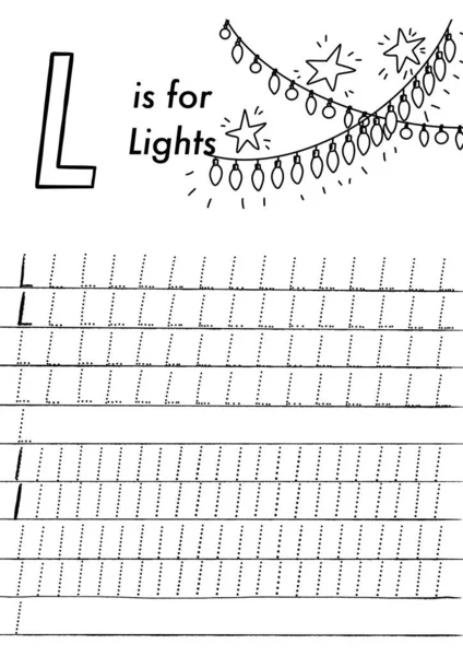 クリスマスと新年の就学前のABCの追跡ワークシート。画像や文字を着色とシンプルな教育印刷ゲーム。子供の遊びやページを学ぶ. — ストックベクタ