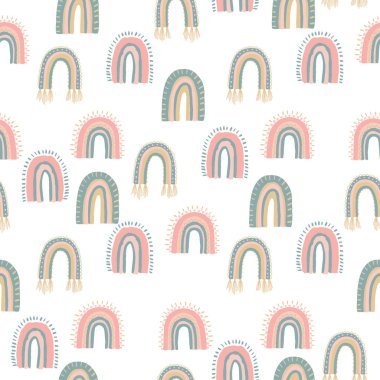 Cute Scandinavian Baby Rainbow Seamless Pattern. Kids Wallpaper and Textile Print Seamless Texture. 