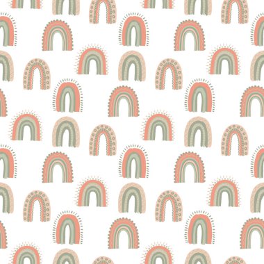 Cute Scandinavian Baby Rainbow Seamless Pattern. Kids Wallpaper and Textile Print Seamless Texture. 