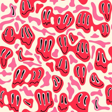 Komik 70 'lerin eritilmiş gülücükleri. Eski moda hippi mutlu bir şekilde gülümser. Tuhaf gözleri olan erimiş karakterler. Vektör illüstrasyonu