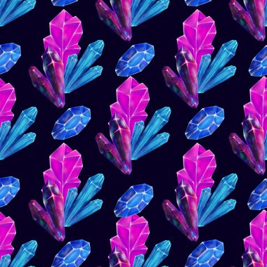 Güzel sihirli kristaller kusursuz desen. Tekstil, ambalaj ve diğer şeyler için renkli elle çizilmiş suluboya yüzey deseni.