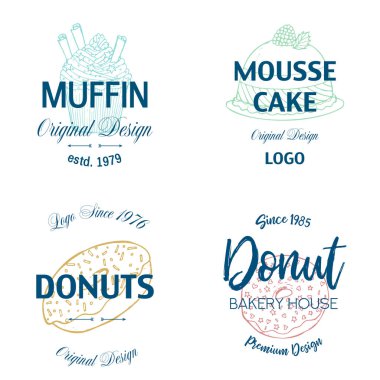 Tatlı Menü Logosu şablonu ve Doodle Tatlı Yemekleri. Vektör illüstrasyonu