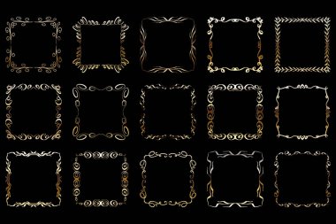 Lüks altın çerçeveler ayarlandı. Süslü, parlak, altın dekoratif tasarım elementleri koleksiyonu. Vektör illüstrasyonu