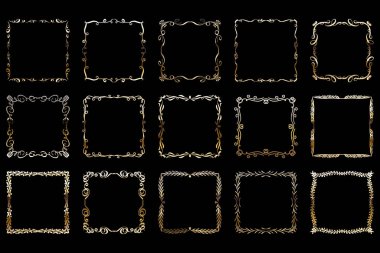 Lüks altın çerçeveler ayarlandı. Süslü, parlak, altın dekoratif tasarım elementleri koleksiyonu. Vektör illüstrasyonu