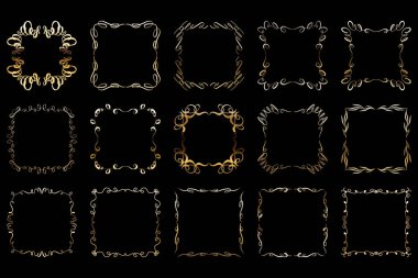 Lüks altın çerçeveler ayarlandı. Süslü, parlak, altın dekoratif tasarım elementleri koleksiyonu. Vektör illüstrasyonu