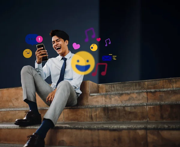 Cheerful Young Asian Businessman Using Mobile Phone City Enjoying Social — Stock Photo, Image