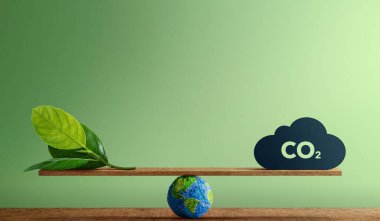 Karbon Nötr ve ESG kavramları. Karbon emisyonu, Temiz Enerji. Yeşil yaprak ve karbondioksit arasında dengelenen küre. Sürdürülebilir Kaynaklar, Şirket ve Çevre Hakkında Endişe İçin Büyük İş