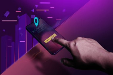 Using Mobile Phone to Buying Land or Real Estate in the NFT Market .Virtual World, Metaverse, Web3 and Blockchain Concepts. Investment in a New Technology. Futuristic Conceptual Photo