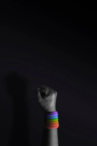 Power Protest Expression Lgbtq Rights Concept Closeup Raise Fist Rainbow — Stock Photo, Image