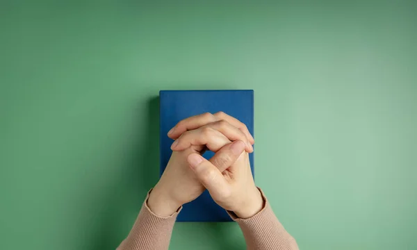 Spirituality Religion Hope Concept Person Praying Holy Bible Desk Symbol — Stockfoto