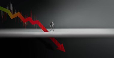Recession, Inflation and Depression Concepts. Economic Crisis. Graph Fall Down, Business Collapse. a Miniature Figure of Businessman Looking at a Red Graph Arrow Down