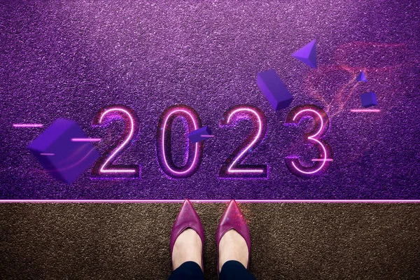 2023 Año Concepto Vista Superior Mujer Negocios Pie Línea Partida — Foto de Stock