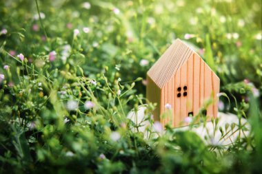 Ahenkli Yaşam Tarzı Konsepti 'nde yaşamak. Green Grass 'teki Tahta Ev Modeli. Doğaya Yakın