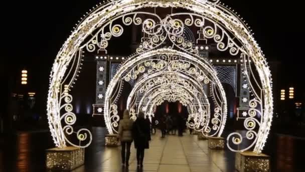 莫斯科 俄克拉荷马州 2019年12月16日 Vdnh上的轻型隧道 这个长长的光学装置沿着侧边的人行道伸展着 莫斯科的圣诞户外装潢 人们的轮廓 — 图库视频影像