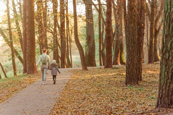 Mutter Und Tochter Spazieren Herbst Händchen Haltend Durch Den Kiefernpark — Stockfoto