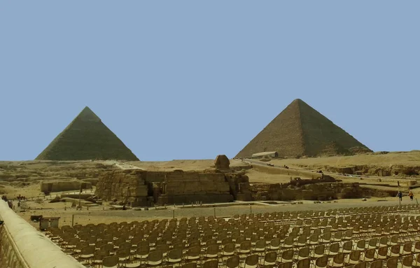 Vista Das Pirâmides Egípcias Khafre Cheops Com Grande Esfinge Planalto — Fotografia de Stock