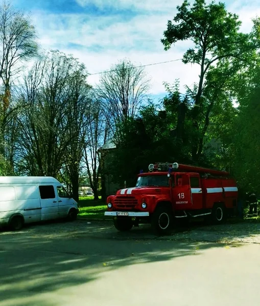 Fire department car in the small provincial city. Ukraine