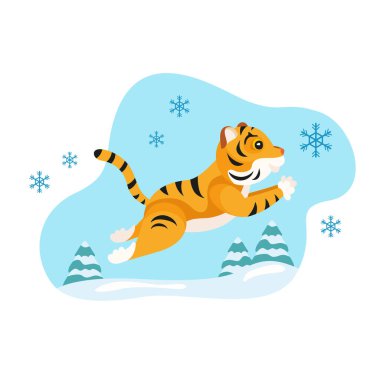   Bir kar tanesi için zıplayan komik çizgi film kaplanı. Beyaz arkaplanda vektör çizimi izole edildi. Çocuklar için resim