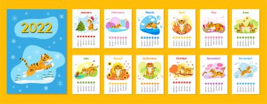 2022 takvim tasarımı, sevimli çizgi film kaplanı. Rus dili. Zodiac işaretleri ile kavram. Kapak ve 12 aylık sayfa. Yazdırmaya hazır