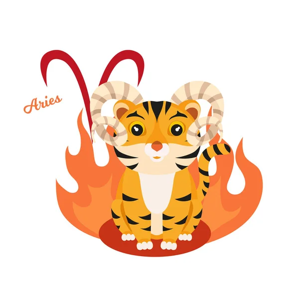 Harimau Kartun Tanda Aries Zodiac Ilustrasi Vektor Datar Diisolasi Pada - Stok Vektor